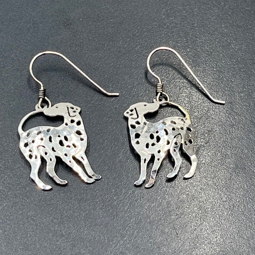 Wild‎ Bryde Hammered Silver Rhodium Dalmation Dog 
Dangle Earrings Artist Signed